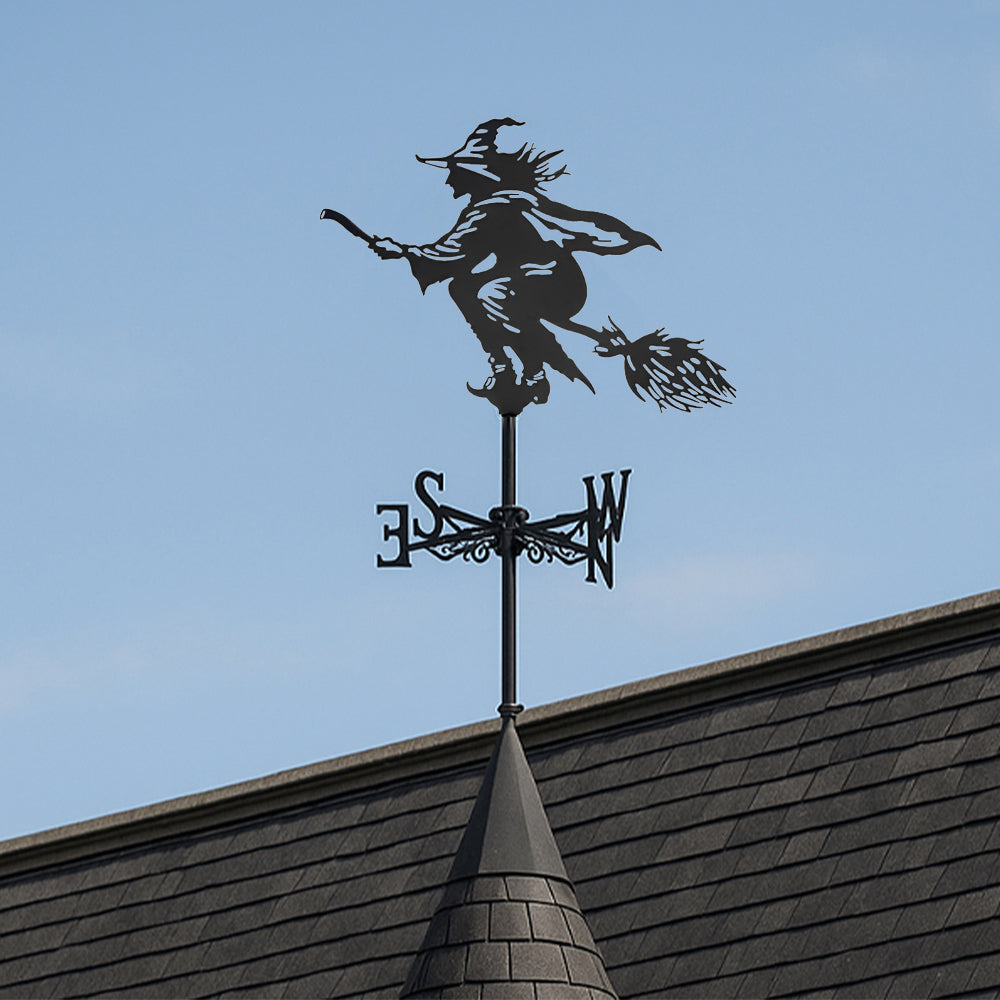 Flying witch metal weather vane with directional arrows and mounting rod, outdoor roof and garden decoration