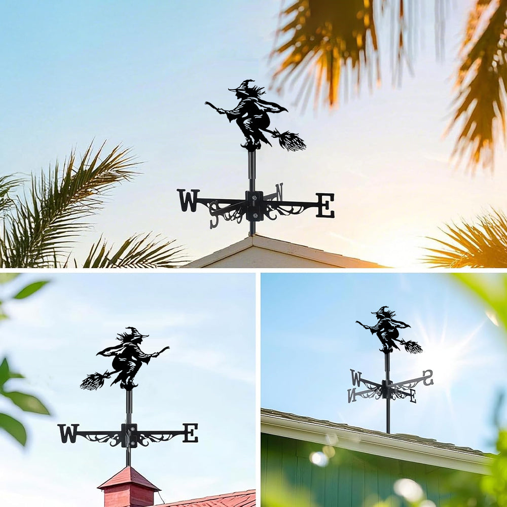 Flying witch metal weather vane with directional arrows and mounting rod, outdoor roof and garden decoration