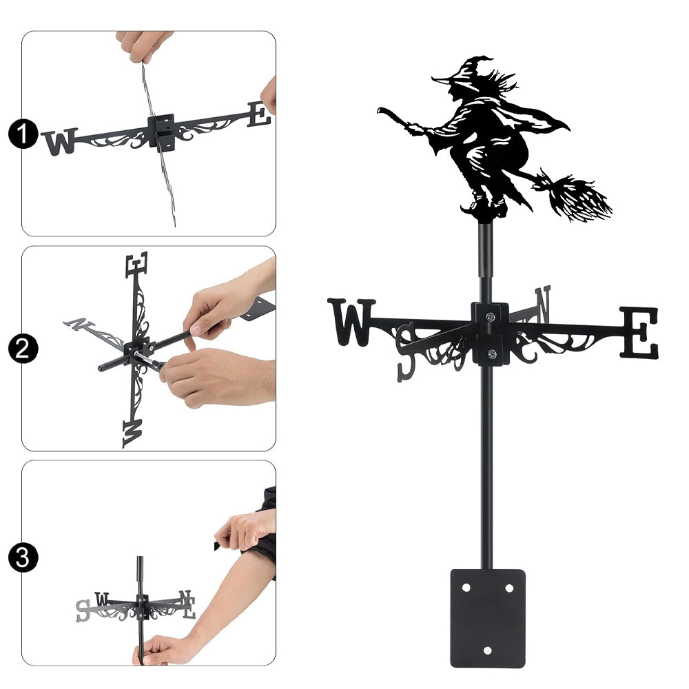 Flying witch metal weather vane with directional arrows and mounting rod, outdoor roof and garden decoration