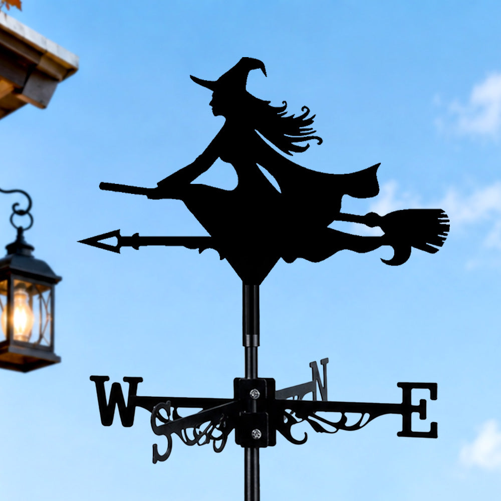Flying witch metal weather vane with directional arrows and mounting rod, outdoor roof and garden decoration