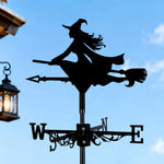 Flying witch metal weather vane with directional arrows and mounting rod, outdoor roof and garden decoration