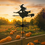 Flying witch metal weather vane with directional arrows and mounting rod, outdoor roof and garden decoration