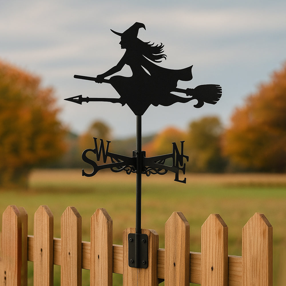 Flying witch metal weather vane with directional arrows and mounting rod, outdoor roof and garden decoration