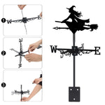 Flying witch metal weather vane with directional arrows and mounting rod, outdoor roof and garden decoration
