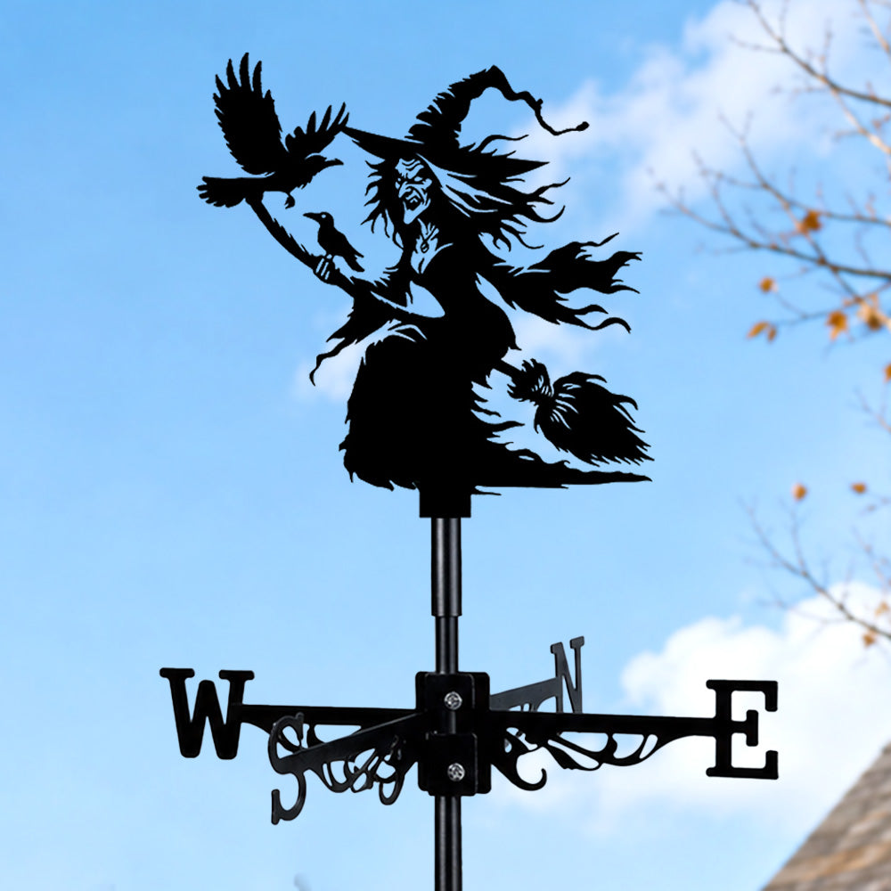 Flying witch metal weather vane with directional arrows and mounting rod, outdoor roof and garden decoration