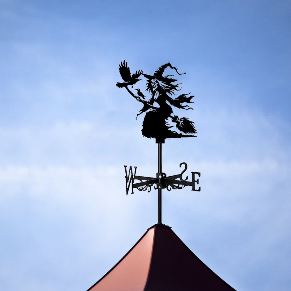 Flying witch metal weather vane with directional arrows and mounting rod, outdoor roof and garden decoration