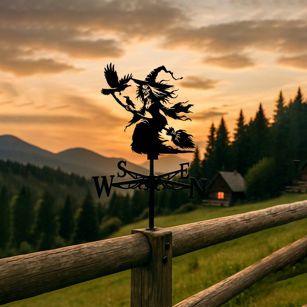Flying witch metal weather vane with directional arrows and mounting rod, outdoor roof and garden decoration