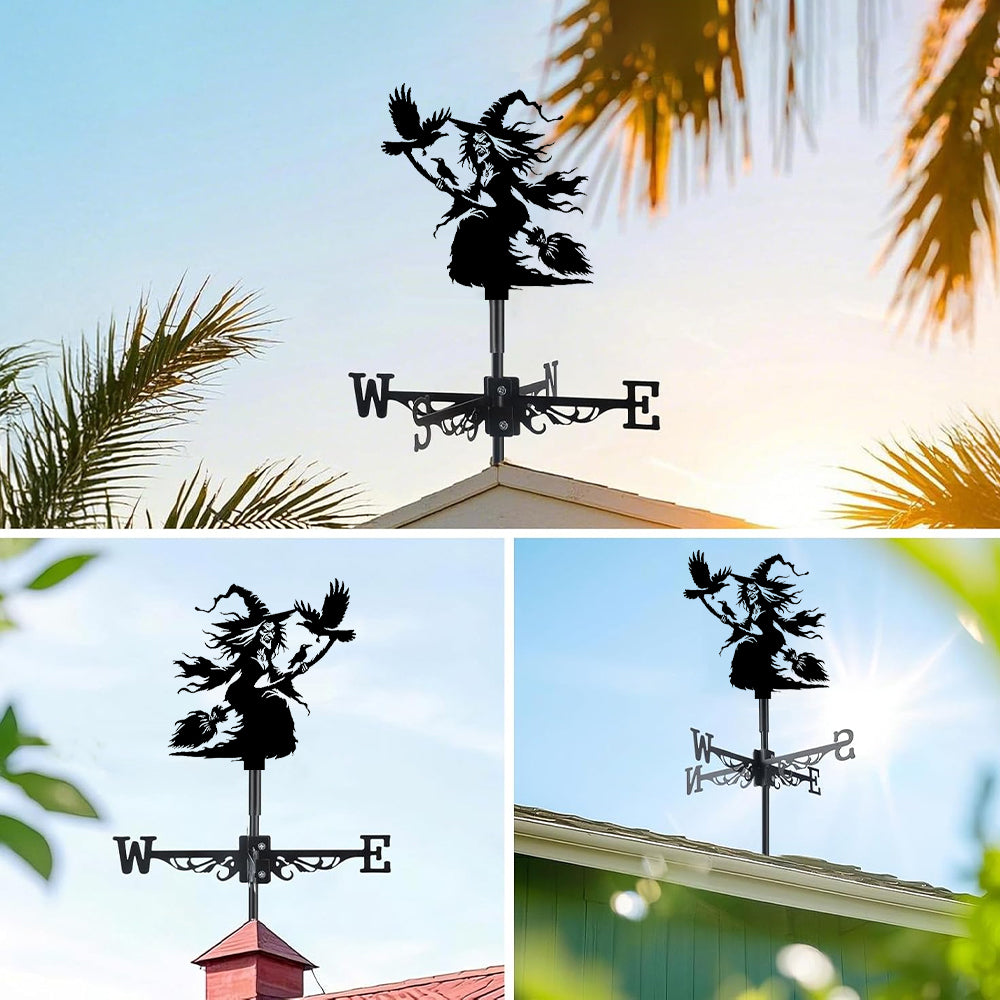 Flying witch metal weather vane with directional arrows and mounting rod, outdoor roof and garden decoration