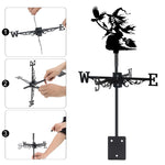 Flying witch metal weather vane with directional arrows and mounting rod, outdoor roof and garden decoration