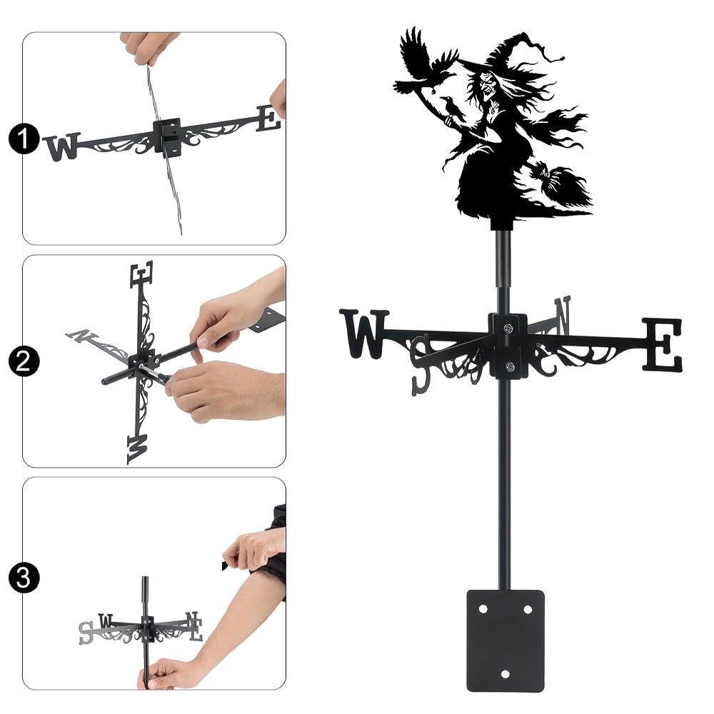 Flying witch metal weather vane with directional arrows and mounting rod, outdoor roof and garden decoration