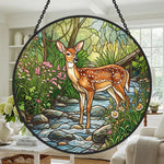 Forest deer by woodland stream stained glass suncatcher window hanging, suitable for home and garden decoration