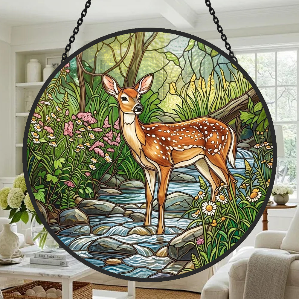 Forest deer by woodland stream stained glass suncatcher window hanging, suitable for home and garden decoration