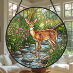 Forest deer by woodland stream stained glass suncatcher window hanging, suitable for home and garden decoration
