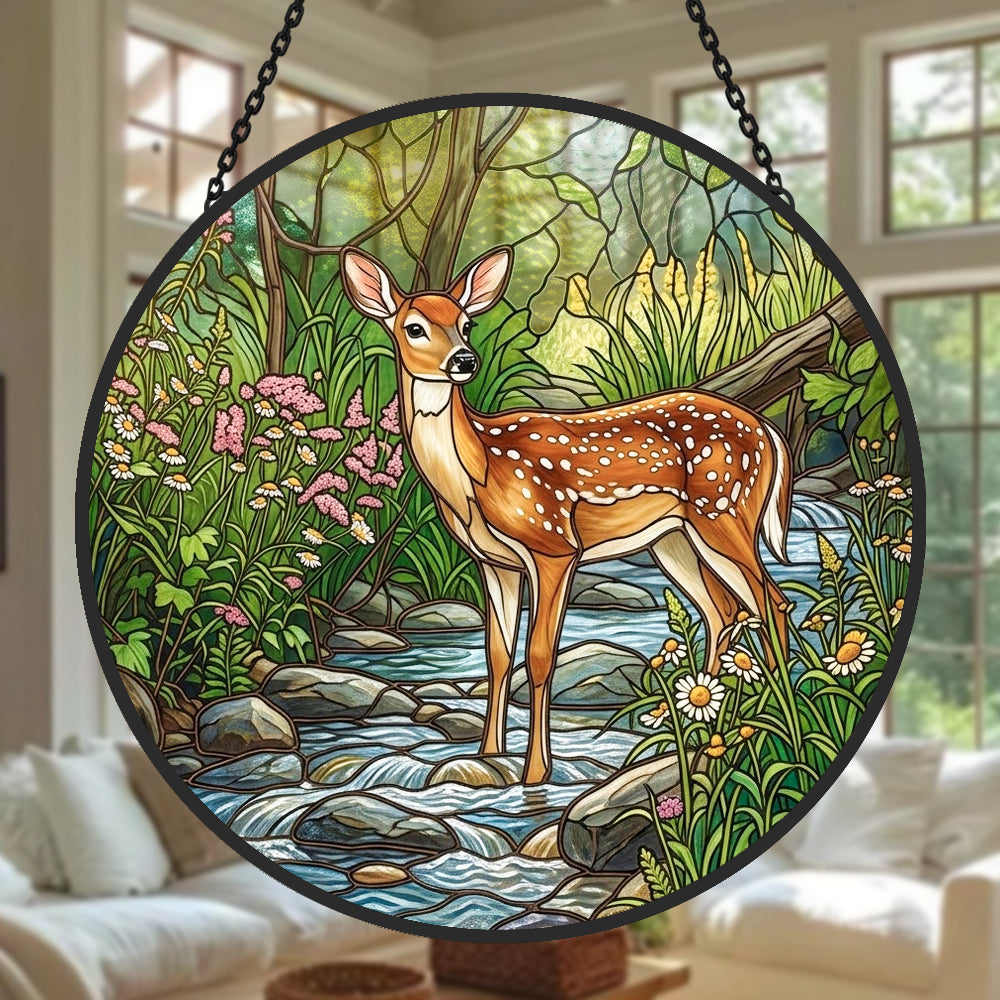 Forest deer by woodland stream stained glass suncatcher window hanging, suitable for home and garden decoration