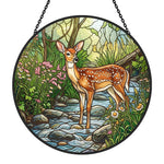 Forest deer by woodland stream stained glass suncatcher window hanging, suitable for home and garden decoration