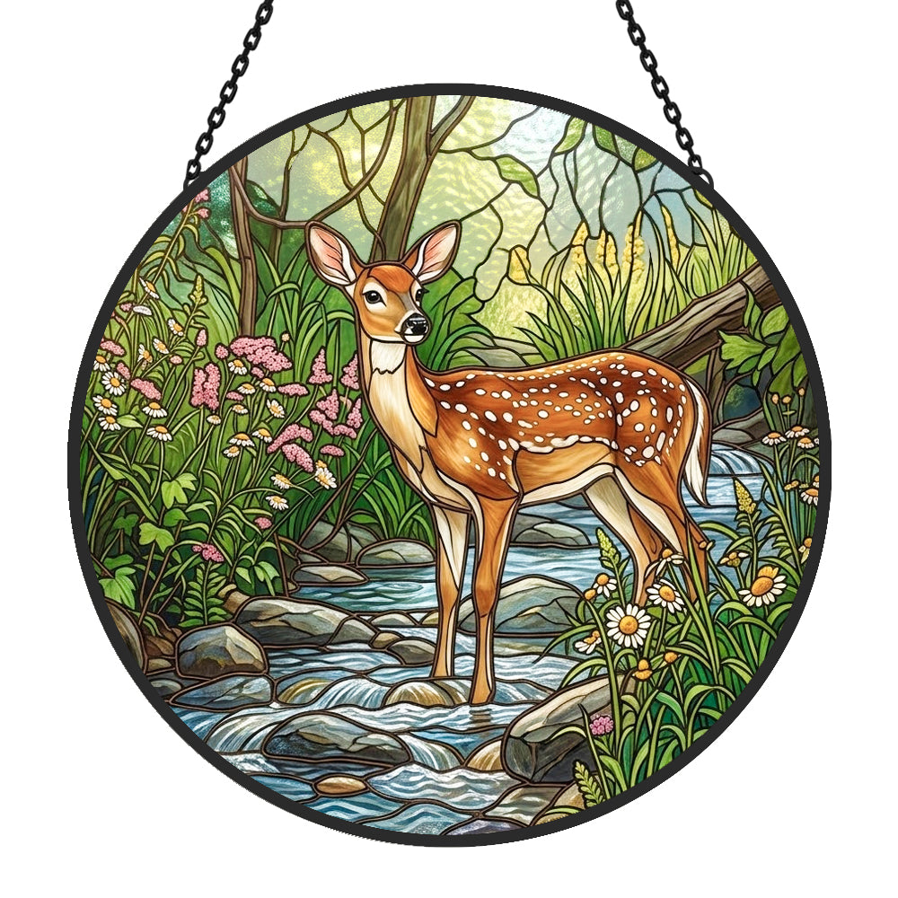 Forest deer by woodland stream stained glass suncatcher window hanging, suitable for home and garden decoration