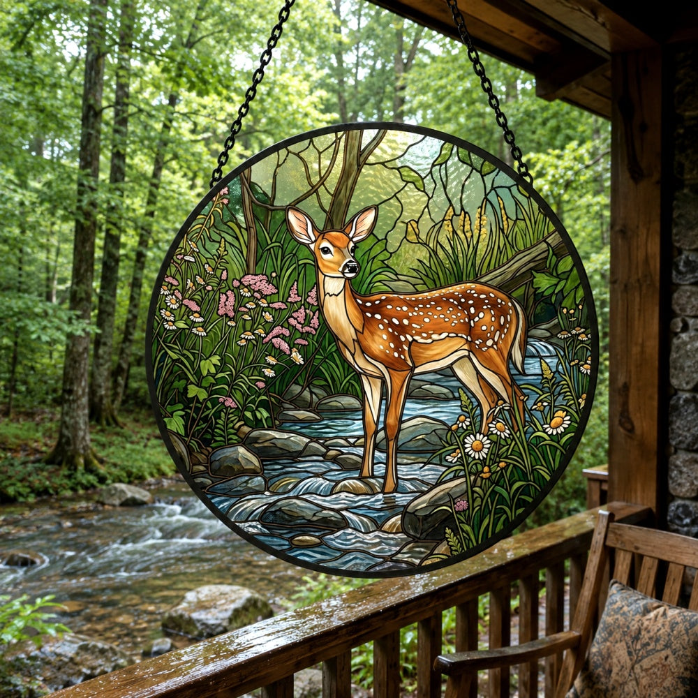 Forest deer by woodland stream stained glass suncatcher window hanging, suitable for home and garden decoration