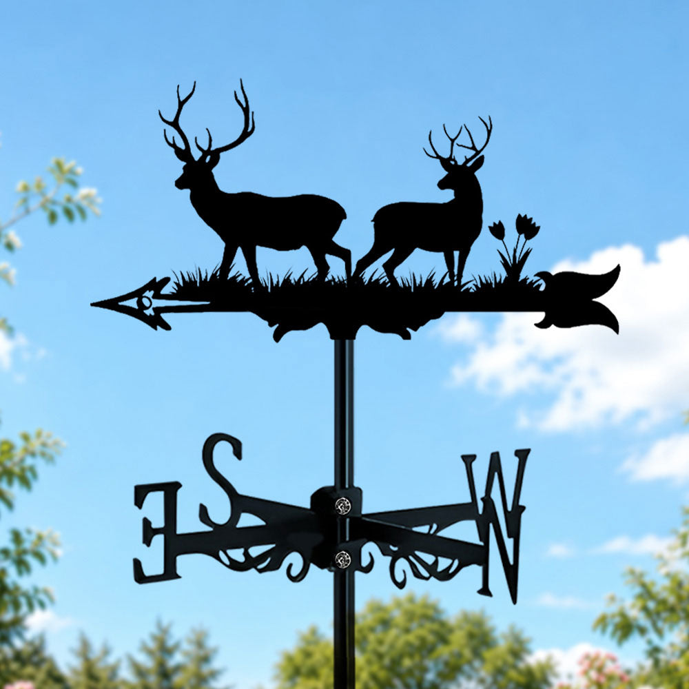 Forest deer metal weather vane with directional arrows and mounting rod, outdoor roof and garden decoration