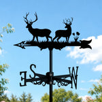Forest deer metal weather vane with directional arrows and mounting rod, outdoor roof and garden decoration