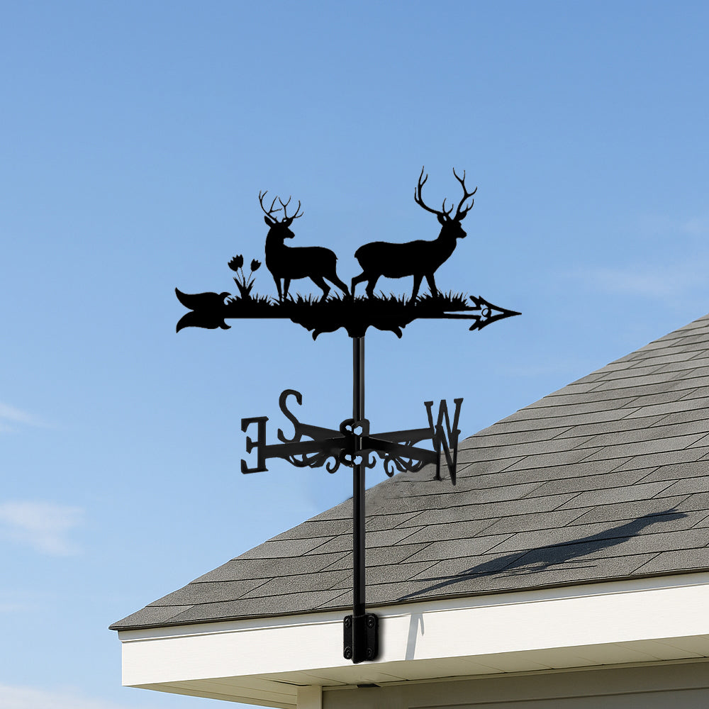 Forest deer metal weather vane with directional arrows and mounting rod, outdoor roof and garden decoration
