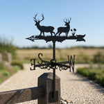 Forest deer metal weather vane with directional arrows and mounting rod, outdoor roof and garden decoration