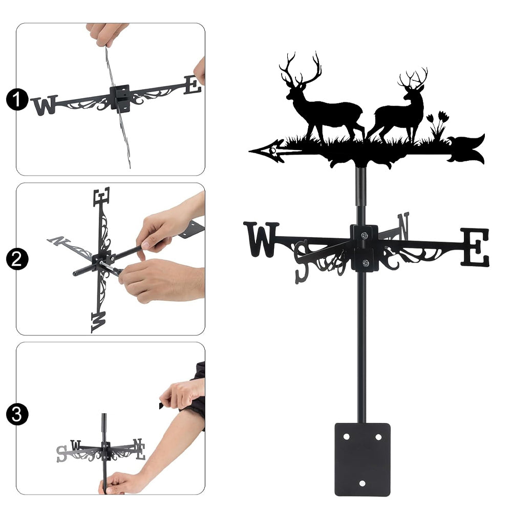 Forest deer metal weather vane with directional arrows and mounting rod, outdoor roof and garden decoration