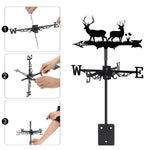 Forest deer metal weather vane with directional arrows and mounting rod, outdoor roof and garden decoration