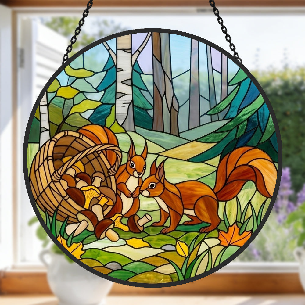 Forest mushroom and squirrel pair stained glass suncatcher window hanging, suitable for home and garden decoration