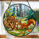 Forest mushroom and squirrel pair stained glass suncatcher window hanging, suitable for home and garden decoration