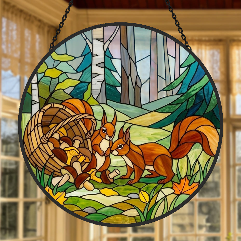 Forest mushroom and squirrel pair stained glass suncatcher window hanging, suitable for home and garden decoration