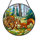 Forest mushroom and squirrel pair stained glass suncatcher window hanging, suitable for home and garden decoration