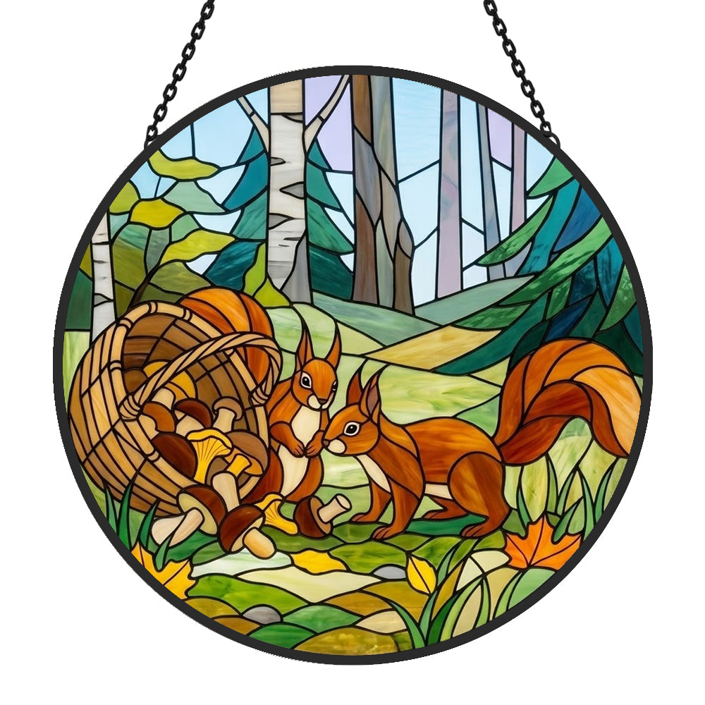 Forest mushroom and squirrel pair stained glass suncatcher window hanging, suitable for home and garden decoration