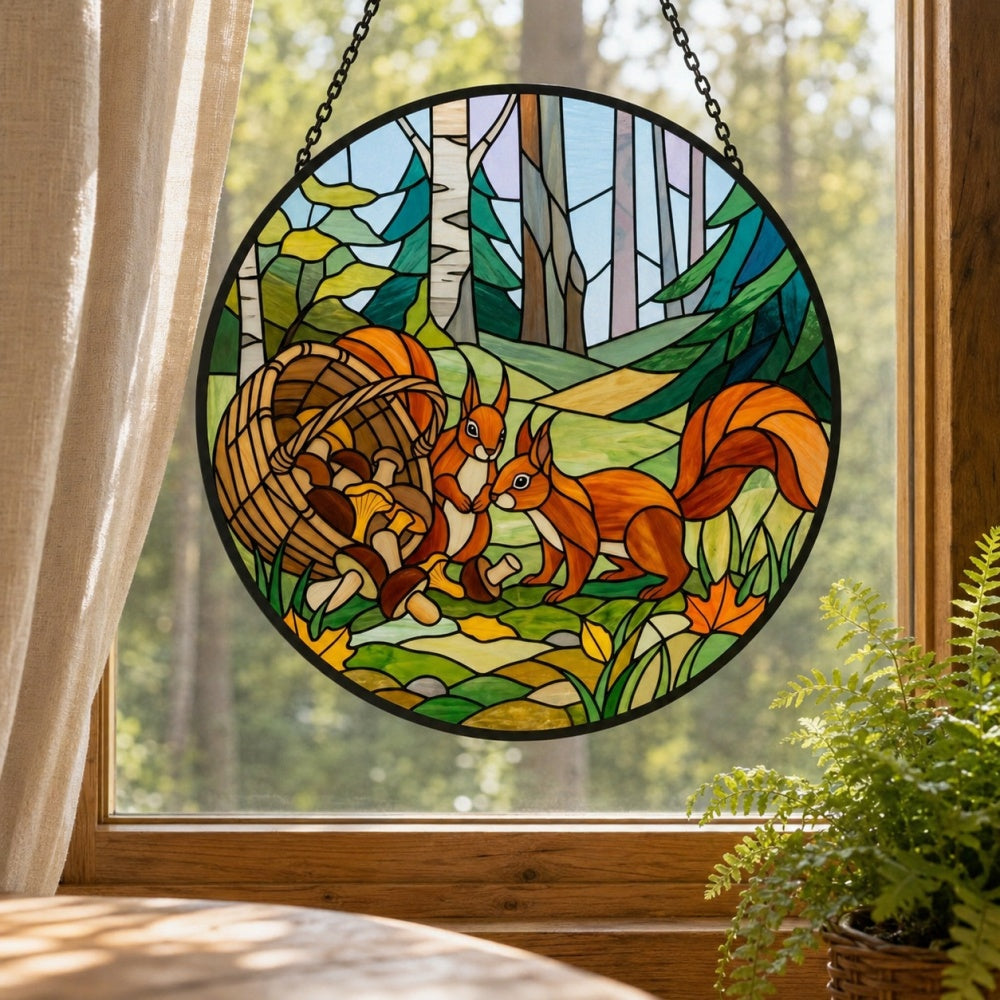 Forest mushroom and squirrel pair stained glass suncatcher window hanging, suitable for home and garden decoration