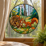 Forest mushroom and squirrel pair stained glass suncatcher window hanging, suitable for home and garden decoration