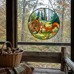 Forest mushroom and squirrel pair stained glass suncatcher window hanging, suitable for home and garden decoration