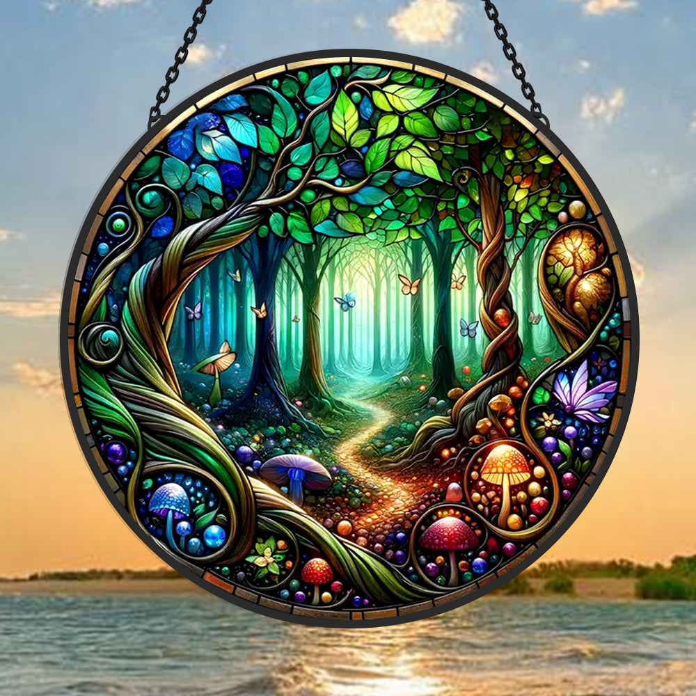 Forest mushroom stained glass suncatcher window hanging, suitable for home and garden decoration