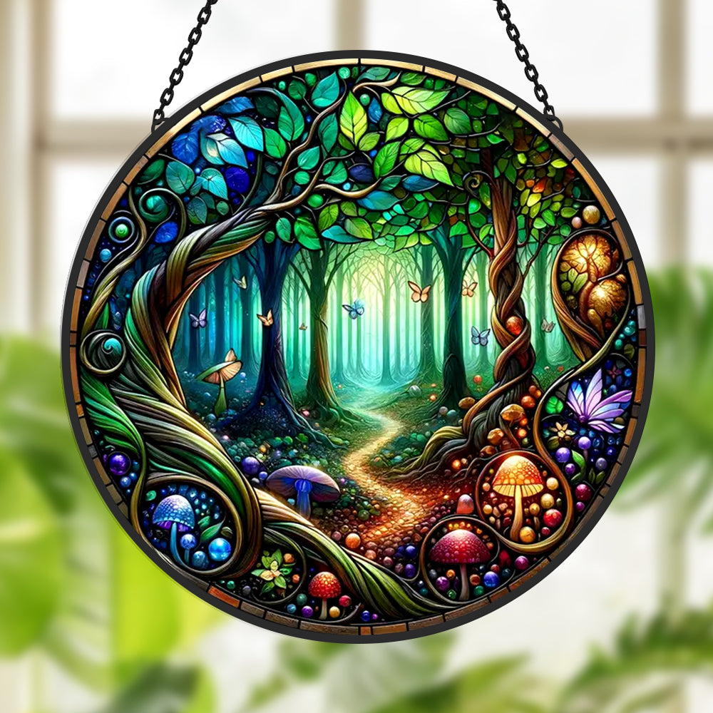 Forest mushroom stained glass suncatcher window hanging, suitable for home and garden decoration