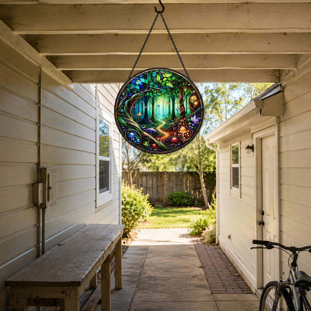 Forest mushroom stained glass suncatcher window hanging, suitable for home and garden decoration