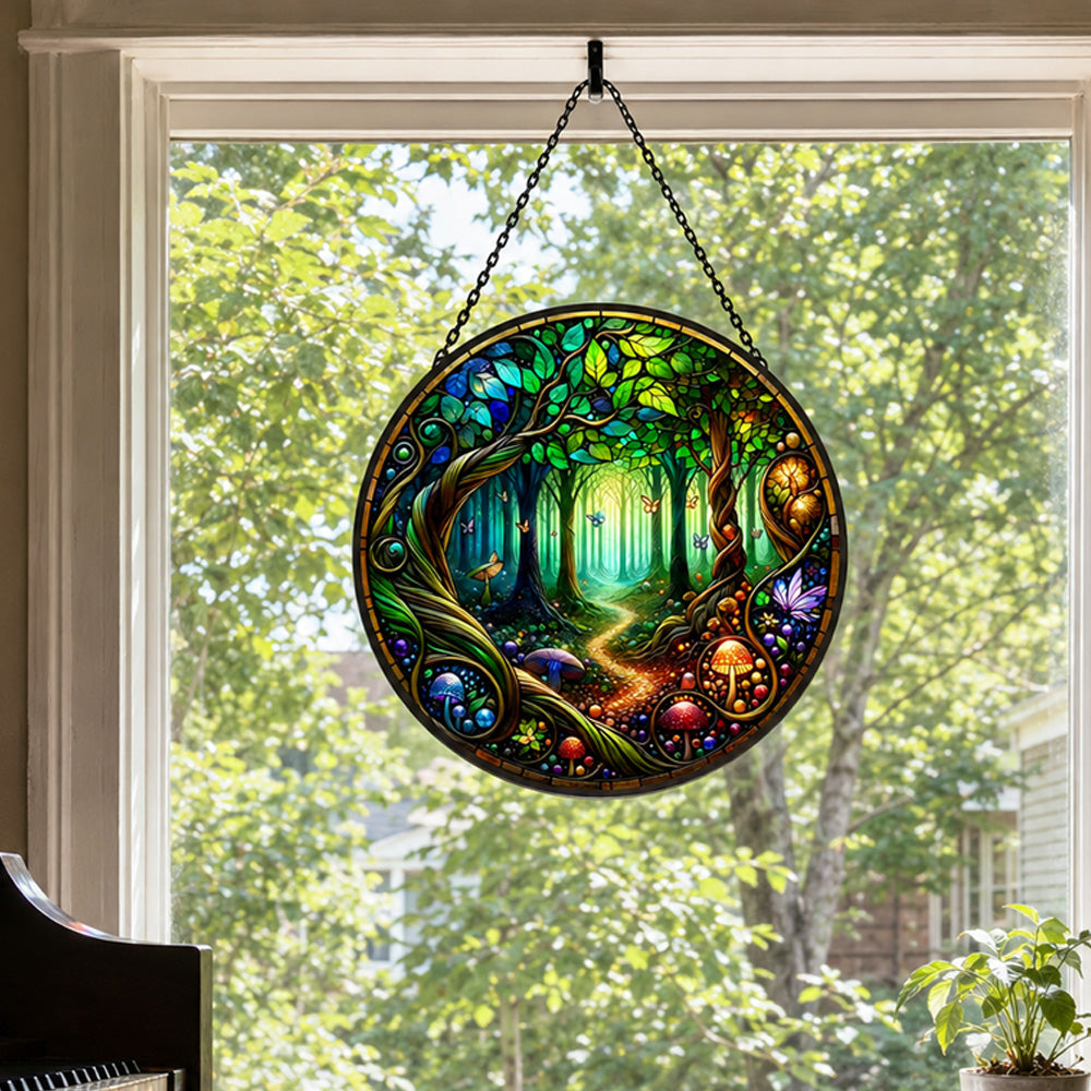 Forest mushroom stained glass suncatcher window hanging, suitable for home and garden decoration