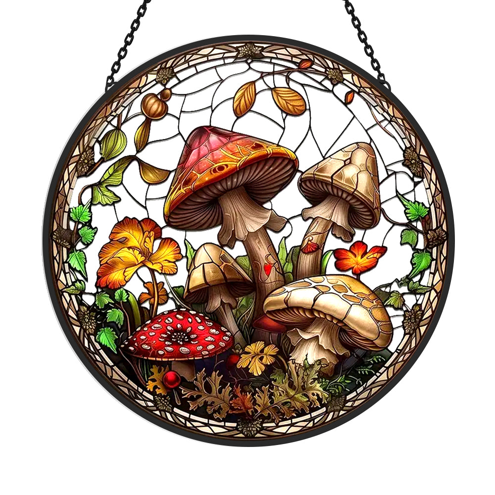 Forest wild mushrooms leaves stained glass suncatcher window hanging, suitable for home and garden decoration