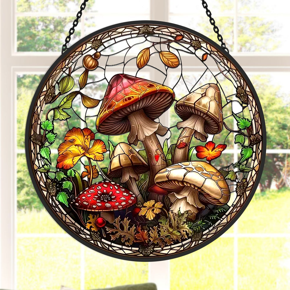 Forest wild mushrooms leaves stained glass suncatcher window hanging, suitable for home and garden decoration