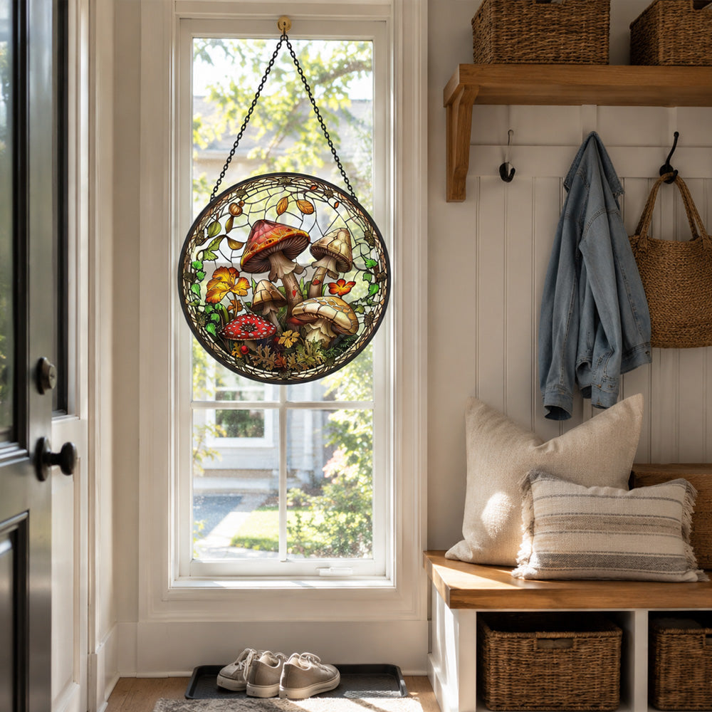 Forest wild mushrooms leaves stained glass suncatcher window hanging, suitable for home and garden decoration