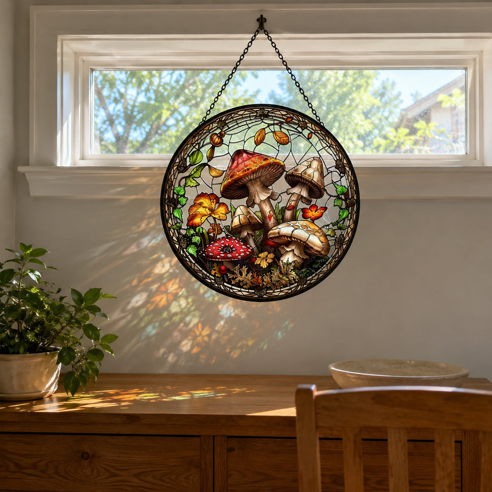Forest wild mushrooms leaves stained glass suncatcher window hanging, suitable for home and garden decoration