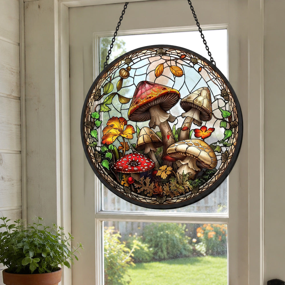 Forest wild mushrooms leaves stained glass suncatcher window hanging, suitable for home and garden decoration