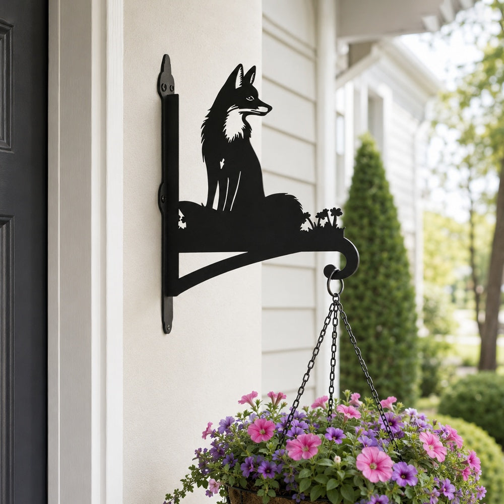 Fox metal hanging basket bracket mounted on outdoor wall for plant decoration