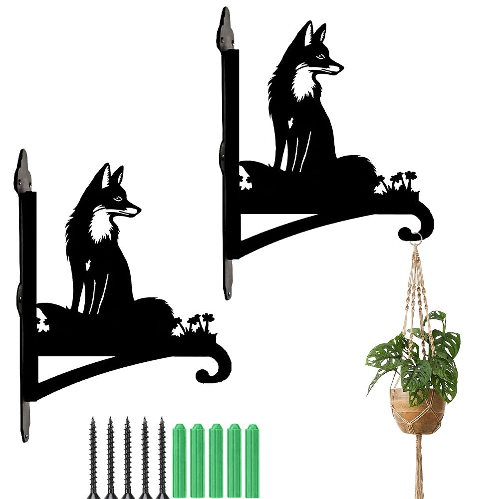 Fox metal hanging basket bracket mounted on outdoor wall for plant decoration