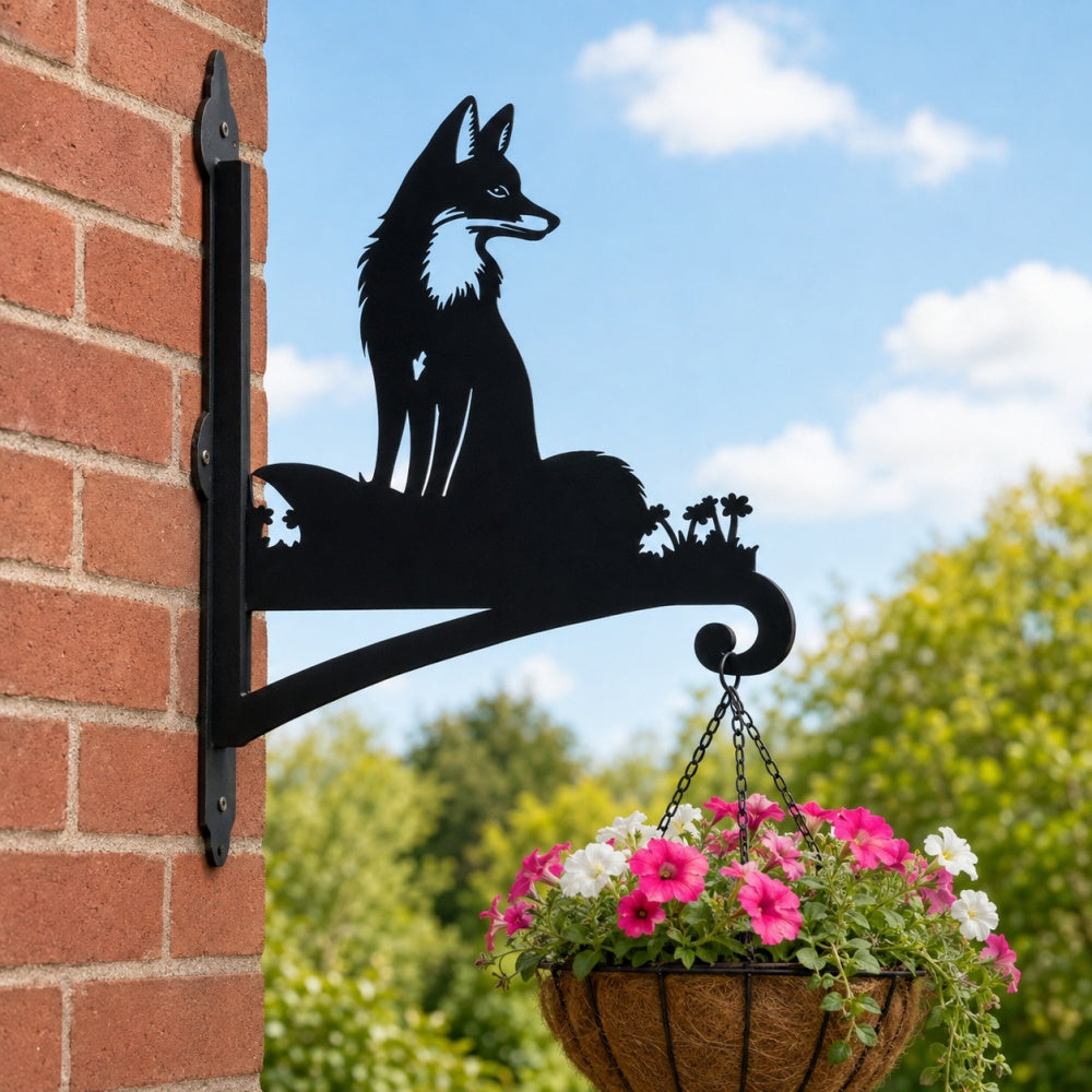 Fox metal hanging basket bracket mounted on outdoor wall for plant decoration