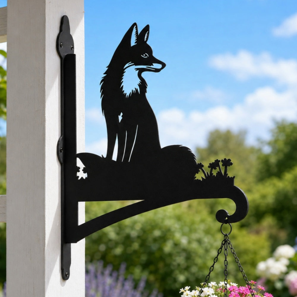 Fox metal hanging basket bracket mounted on outdoor wall for plant decoration