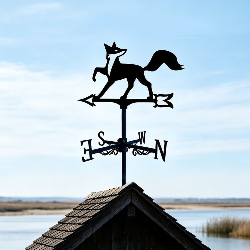 Fox metal weather vane with directional arrows and mounting rod, outdoor roof and garden decoration