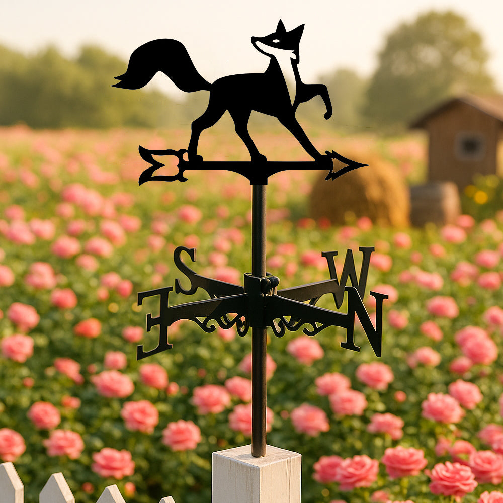 Fox metal weather vane with directional arrows and mounting rod, outdoor roof and garden decoration